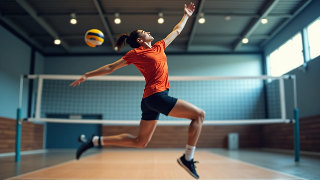 لاعب كرة طائرة يقفز لتنفيذ هجمة من الصف الخلفي، صالة رياضية مضاءة، لحظة قفز عالية